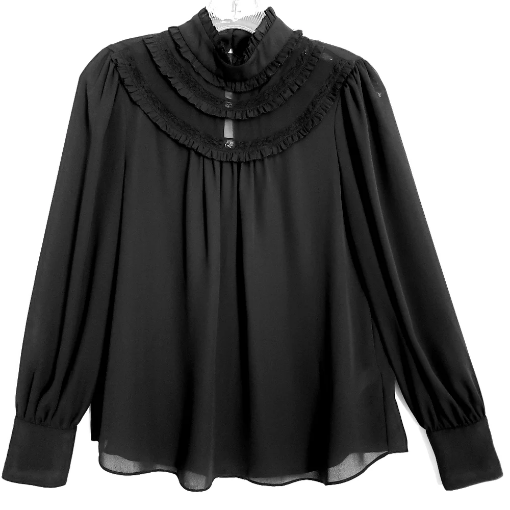 Nwot Kate Spade Black Longsleeve Highneck Ruffled Blouse